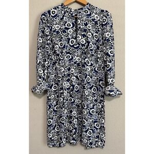 LOFT Midi Dress 10 Blue Floral Print Viscose Coastal Nautical Beachy NWT‎